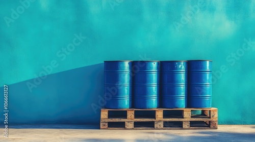 Three blue barrels placed on a wooden pallet against a turquoise wall form a striking industrial backdrop photo