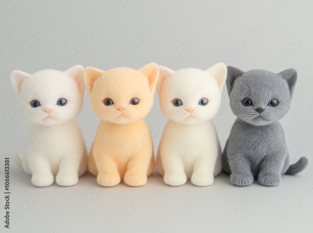 Obraz premium Four British Shorthair cats facing the camera in a row on an isolated white background