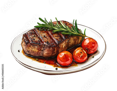 Grilled steak with tomatoes and rosemary garnish isolated on transparent background, delicious beef dish illustration, gourmet food, juicy meat, culinary art, illustration for restaurant menu