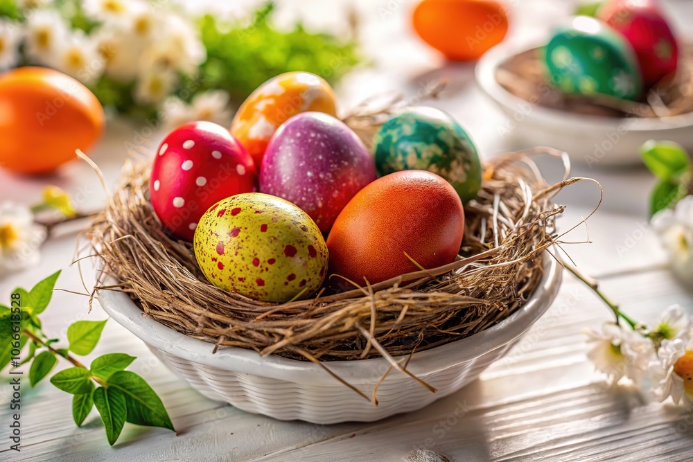 Easter Eggs in Decorative Nest Breakfast Scene Easter Eggs in Decorative Nest Breakfast Scene