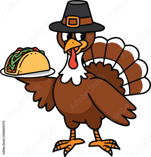 Vector illustration of a happy cartoon Thanksgiving turkey holding a tacos and wearing a pilgrim hat
