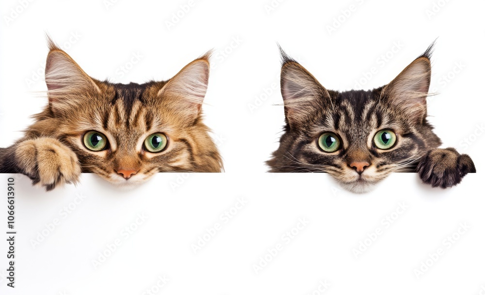 Against a white background, two cats peer out from behind a banner Against a white background, two cats peer out from behind a banner