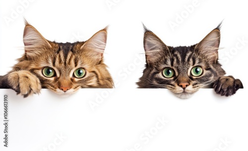 Against a white background, two cats peer out from behind a banner