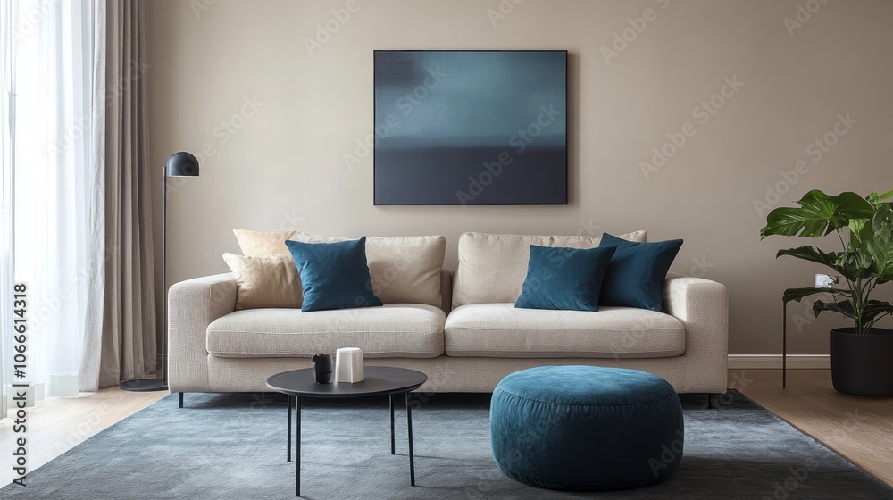 Modern Living Room Interior with Beige Sofa, Blue Pillows, and Abstract Artwork Modern Living Room Interior with Beige Sofa, Blue Pillows, and Abstract Artwork