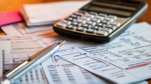 Calculator and Housing Papers on Wooden Desk: Symbolizing Financial Planning and Home Ownership Commitment