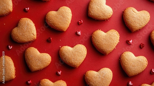 Valentine s Day backdrop featuring heart shaped cookies on a vibrant red surface