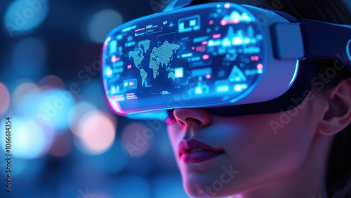 woman wearing virtual reality headset, immersed in digital data visualization