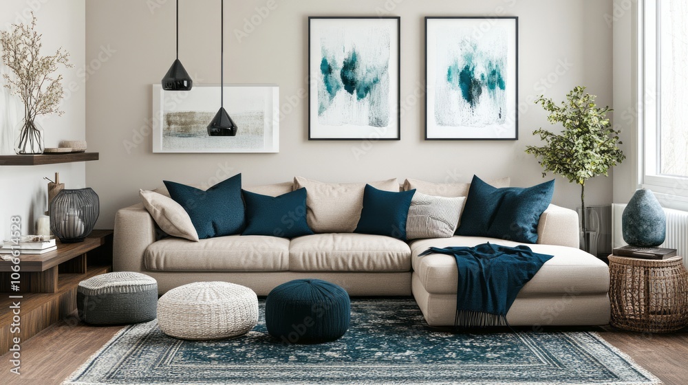 Modern Living Room Interior Design with Blue and Beige Accents Modern Living Room Interior Design with Blue and Beige Accents