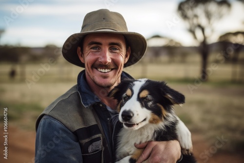 Smiling cowboy with his australian shepherd dog in the countryside photo