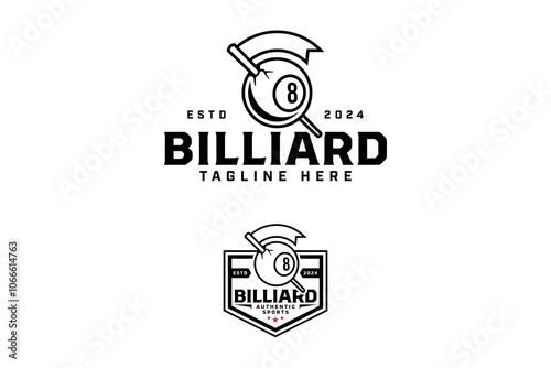 8 billiard ball with cue pool, guidon outline logo design. billiard black ball 8 with billiard stick and flag line art logo design set. billiard ball illustration logo for billiard club and tournament
