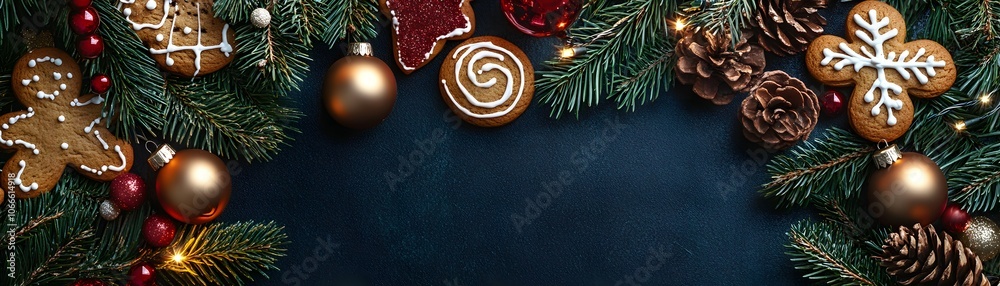 Festive Christmas Border with Gingerbread Cookies and Evergreen Branches Festive Christmas Border with Gingerbread Cookies and Evergreen Branches