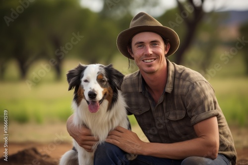 Portrait of a young man with his Australian Shepherd in the countryside photo