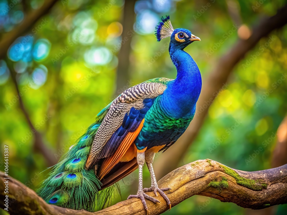 Obraz premium Exotic peacock, vibrant feathers, deep focus on a branch.
