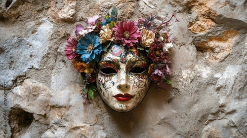 Venetian mask adorned with flowers set against a stone background representing the theme of blind dates with ample copy space available photo