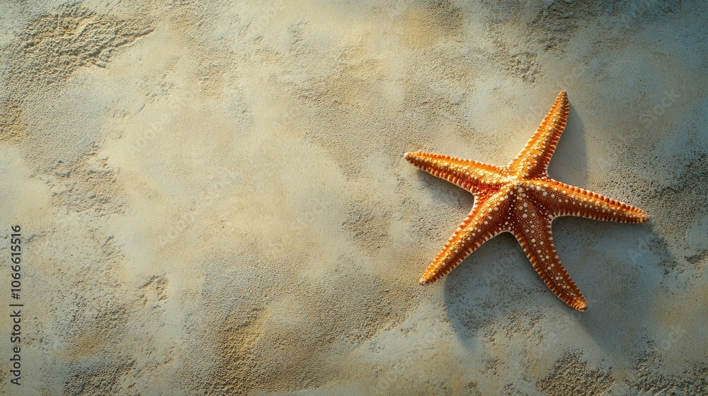 Summer holiday theme depicted in a top view flat lay image featuring a starfish on light sandy texture highlighting a beach concept with plenty of copy space available
