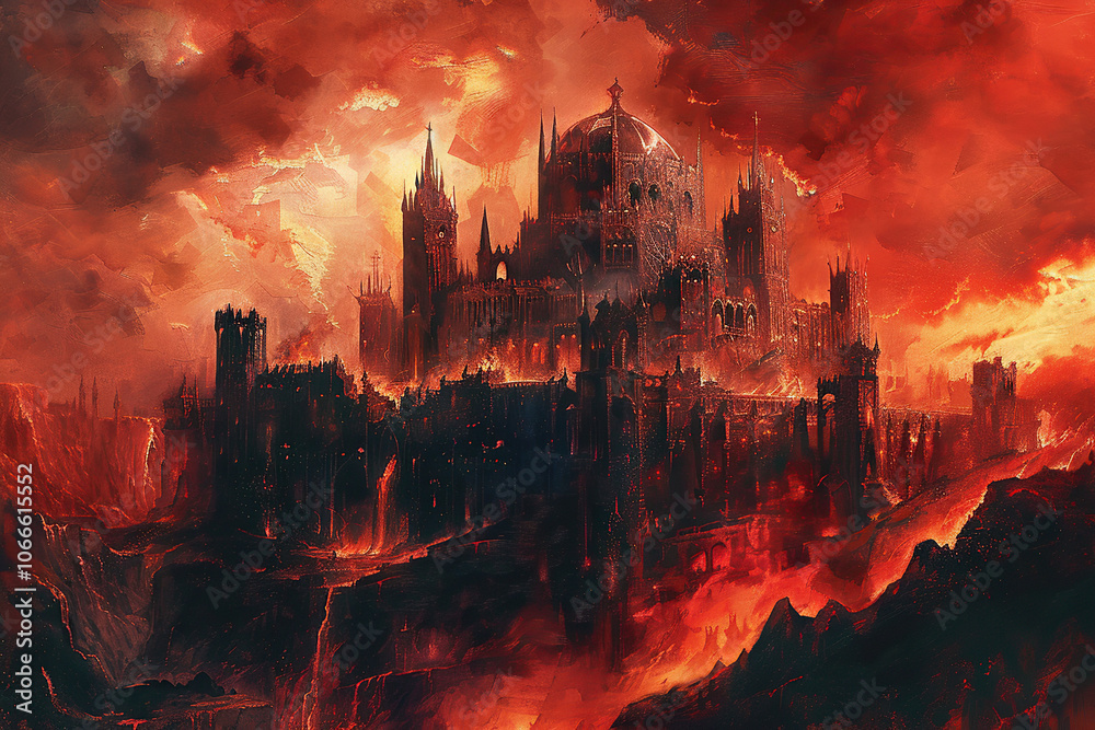 Fototapeta premium Scary sinister devil is in hell with dramatic fire lighting on the background