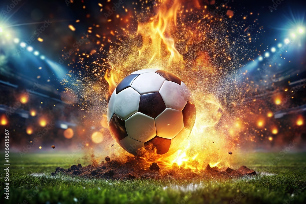 Fototapeta premium Explosive Soccer Action: Flames & Sparks