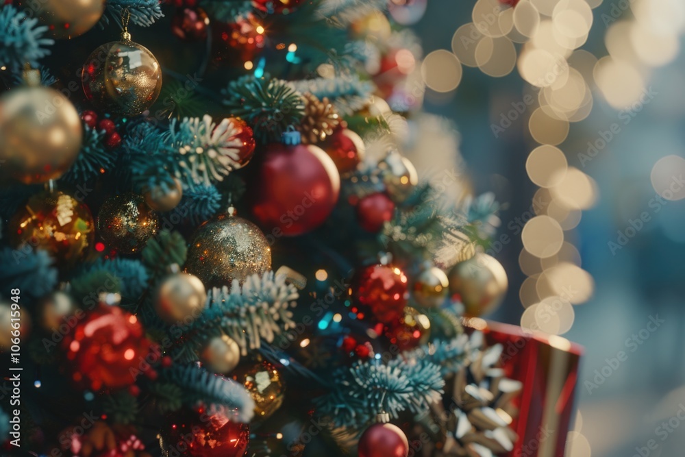 A detailed view of Christmas tree decorations and ornaments, suitable for holiday greetings and festive designs A detailed view of Christmas tree decorations and ornaments, suitable for holiday greetings and festive designs