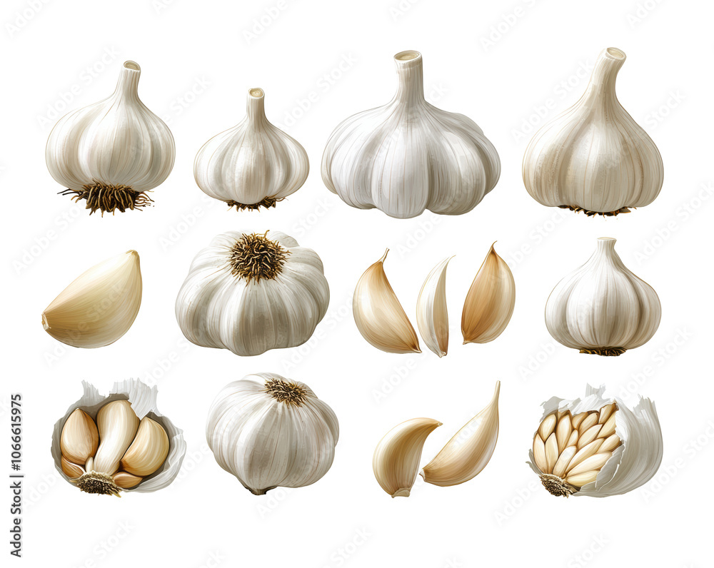 Variety of garlic bulbs and cloves, whole heads, peeled segments, realistic illustration, fresh herb, culinary ingredient, healthy vegetable isolated on transparent background Variety of garlic bulbs and cloves, whole heads, peeled segments, realistic illustration, fresh herb, culinary ingredient, healthy vegetable isolated on transparent background