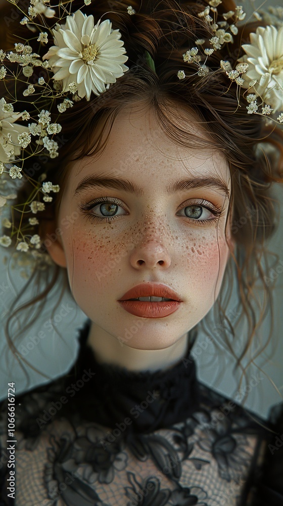 Close-up Portrait of a Woman with Flowers in Her Hair Close-up Portrait of a Woman with Flowers in Her Hair
