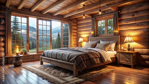 Cozy Log Cabin Bedroom with Warm Lights and Scenic Window View, Long Exposure Photography for Inviting Spaces, Interior Design Inspiration