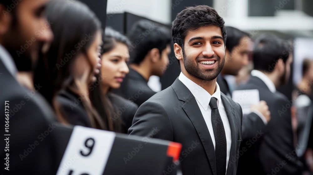 Job seekers actively engaging with recruiters at a bustling career fair, showcasing determination and eagerness in their pursuit of professional opportunities.