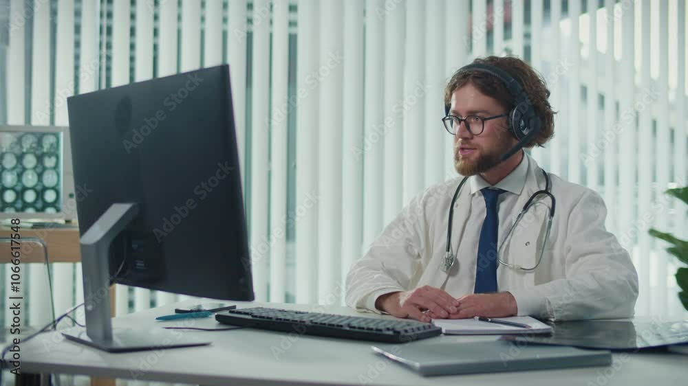 Doctor Works in a Modern Office with a Flexible Schedule, Combining In-Person Appointments and Online Consultations. Concept of Flexible Work Environment in Medicine, Enhancing Patient Access Doctor Works in a Modern Office with a Flexible Schedule, Combining In-Person Appointments and Online Consultations. Concept of Flexible Work Environment in Medicine, Enhancing Patient Access