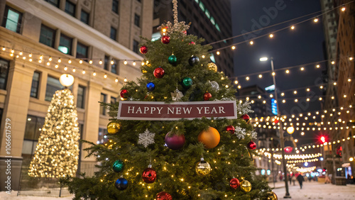 Happy New Year Christmas tree at night, light background, Christmas and New Year holidays background