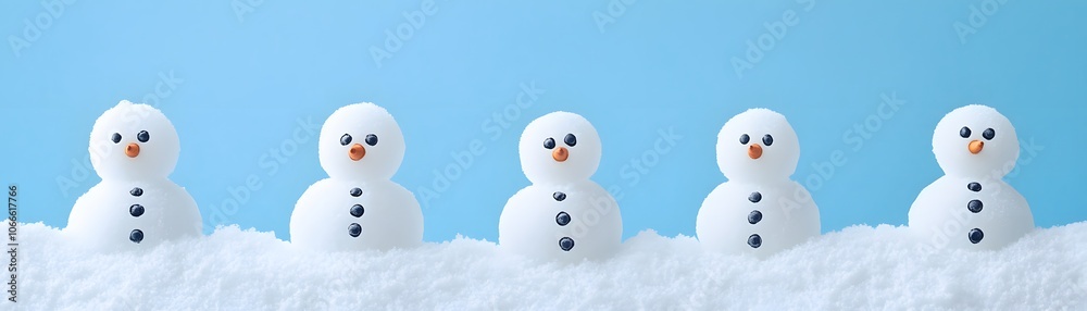 Five Simple Snowmen Standing in a Row on a Blue Background Five Simple Snowmen Standing in a Row on a Blue Background