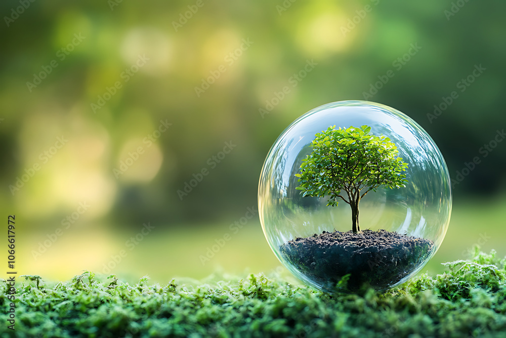 Small tree encapsulated in a glass sphere, symbolizing environmental protection, conservation, and sustainability; ideal for eco-friendly campaigns, green initiatives, and nature preservation. Small tree encapsulated in a glass sphere, symbolizing environmental protection, conservation, and sustainability; ideal for eco-friendly campaigns, green initiatives, and nature preservation.