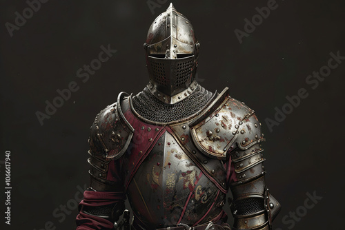 A fantastic royal knight in armor guards the castle chambers photo