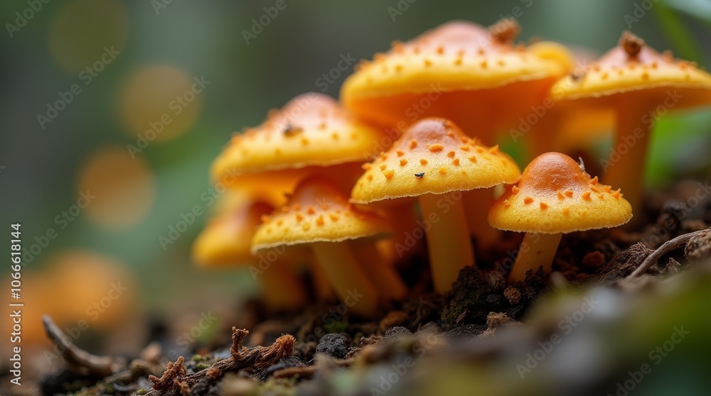 Cluster of orange spiky mushrooms growing on forest floor with blurred background Cluster of orange spiky mushrooms growing on forest floor with blurred background