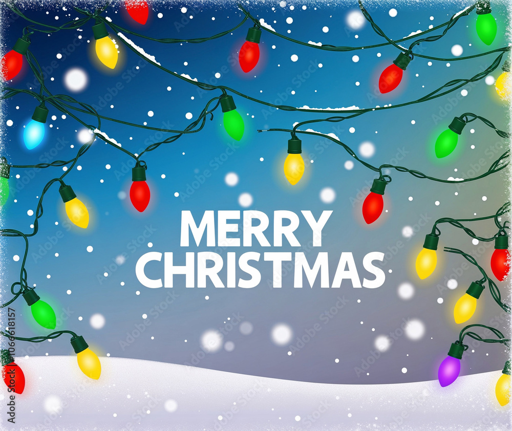 Fototapeta premium Merry Christmas Greeting with Colorful Holiday Lights on a Snowy Winter Background, Ideal for Festive Seasonal Decor