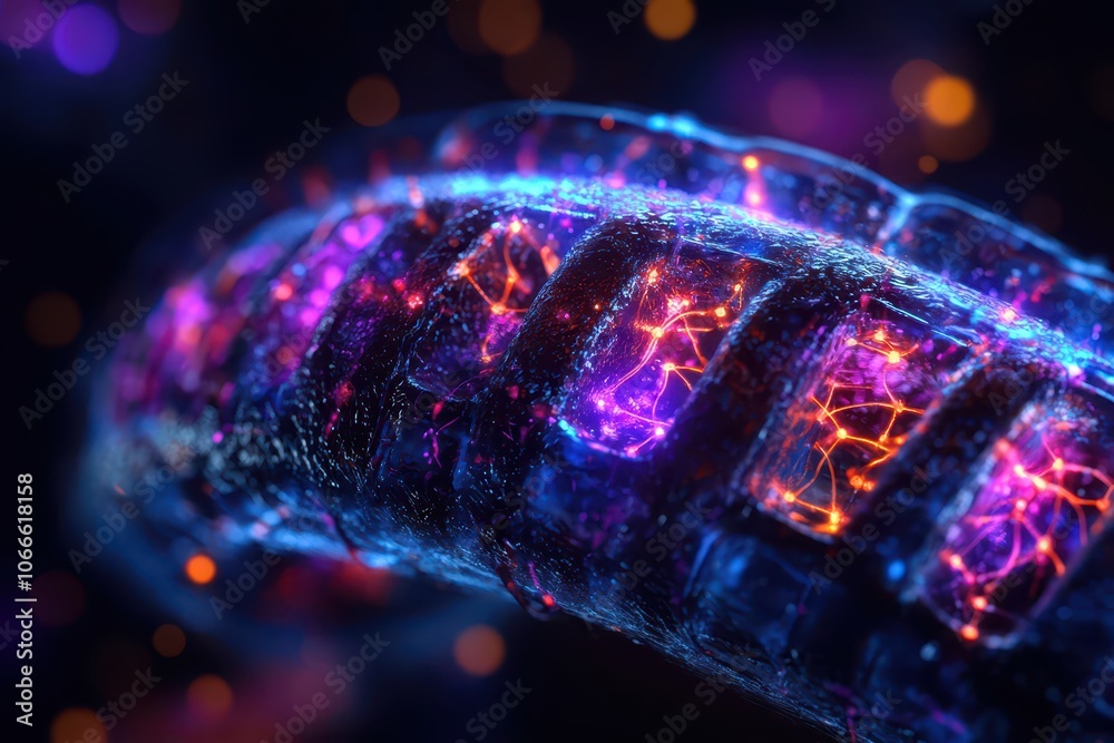 Close-Up of Glowing Mitochondria Within a Cell, Highlighting Cellular Energy and Function Close-Up of Glowing Mitochondria Within a Cell, Highlighting Cellular Energy and Function