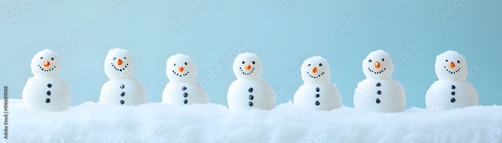 Seven Cheerful Snowmen Standing in a Row on Snowy Ground Seven Cheerful Snowmen Standing in a Row on Snowy Ground