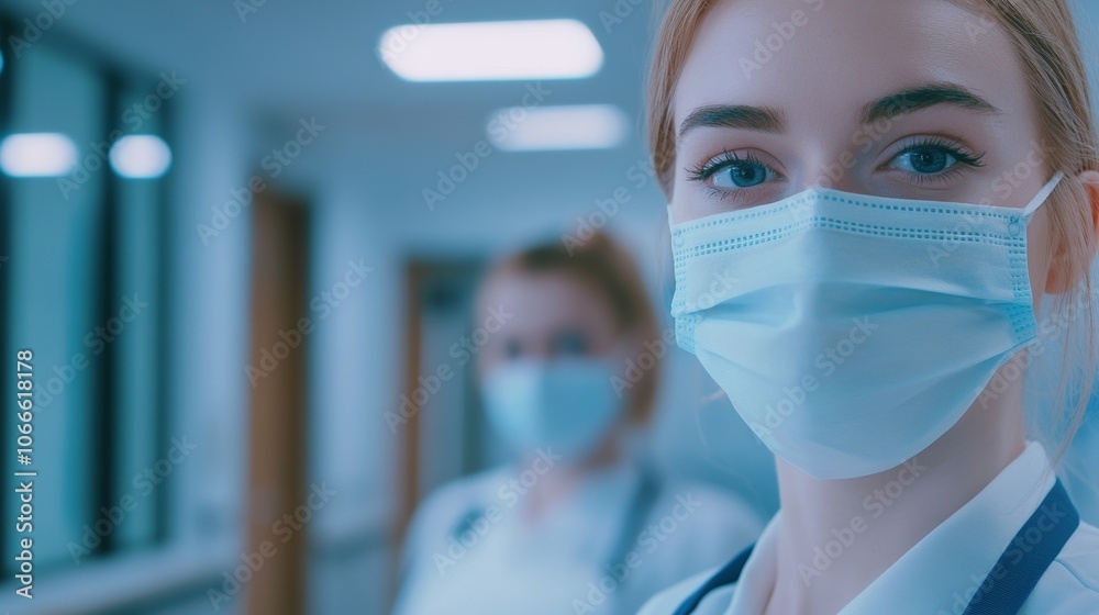 Medical staff wearing masks in a hospital setting, symbolizing dedication and protection in the face of health challenges. Medical staff wearing masks in a hospital setting, symbolizing dedication and protection in the face of health challenges.