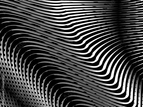 Abstract art geometric background with shiny abstract 3d black and white stripes pattern. Black and white optical illusion with waves and transitions.