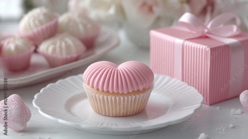 A heart-shaped cupcake is placed on a white plate with a pink gift box beside it A heart-shaped cupcake is placed on a white plate with a pink gift box beside it