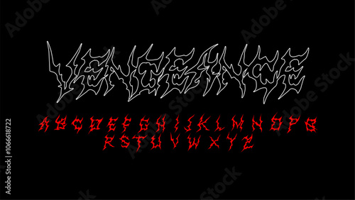 Vengeance, vector font typeface with a jagged, sharp design, perfect for metal and horror themes. This intense and edgy font is ideal for album covers, posters, and apparel, giving projects a dark