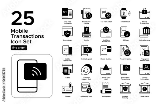 Mobile Transaction Line Glyph Icon Set: Mobile Payments, E-Commerce, and Cash-Free Transfers Icons