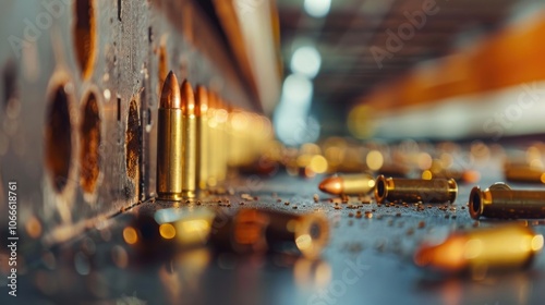 A collection of spent bullet casings in a tight shot photo