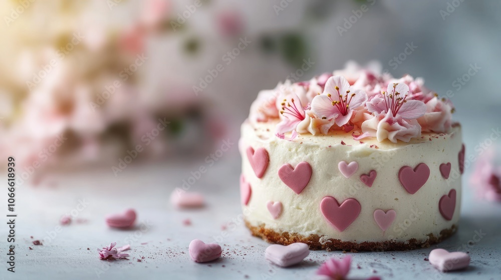 A small cake decorated with hearts and pink flowers in a Valentine's theme sits on a clean white table.