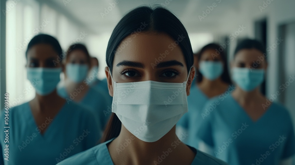 Medical staff wearing masks in a hospital setting, symbolizing dedication and protection in the face of health challenges. Medical staff wearing masks in a hospital setting, symbolizing dedication and protection in the face of health challenges.