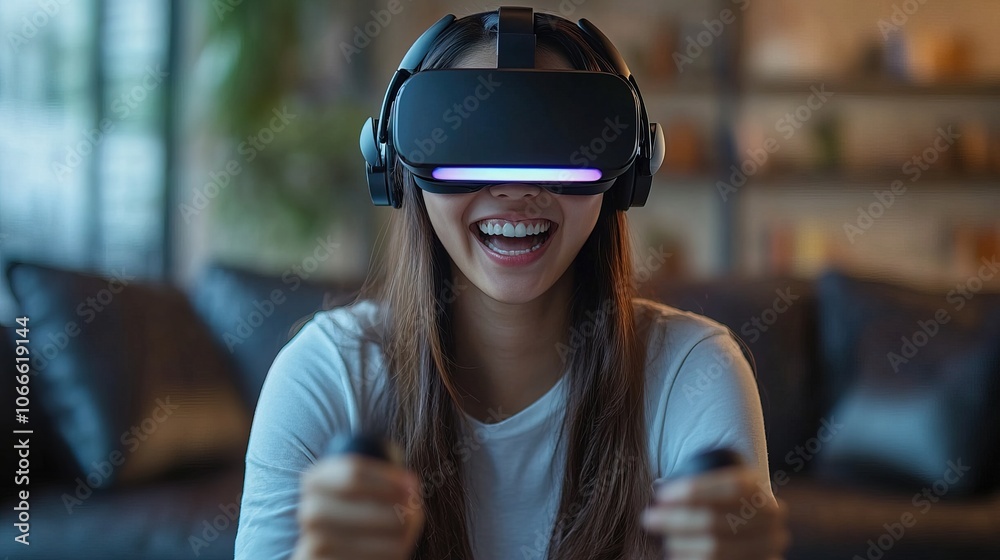 Smilling beautiful asian woman playing a video game with a virtual reality headset, excited and enjoy Smilling beautiful asian woman playing a video game with a virtual reality headset, excited and enjoy