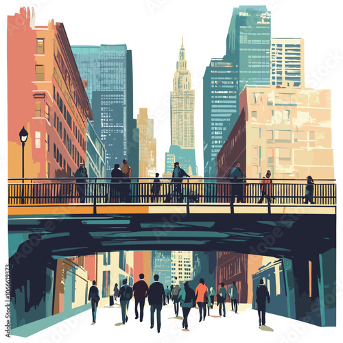 People walking on the bridge in Manhattan, New York City, vector illustration 