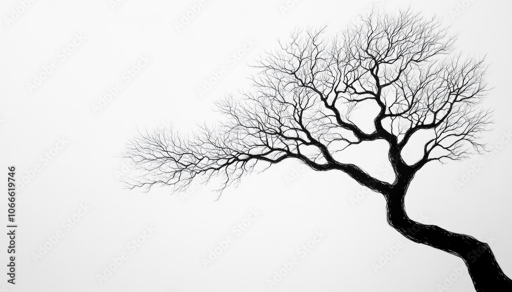 Obraz premium A black and white silhouette of a bare tree branch against a white background.