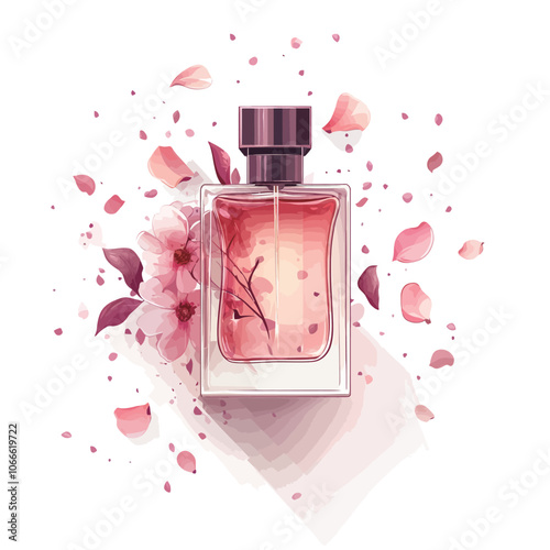 Perfume bottle with pink flower petals on white background.