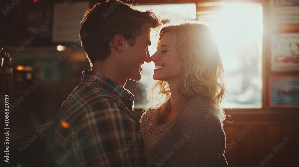 A couple smiling before kissing in a small cozy cafe with soft sunlight streaming in. A couple smiling before kissing in a small cozy cafe with soft sunlight streaming in.