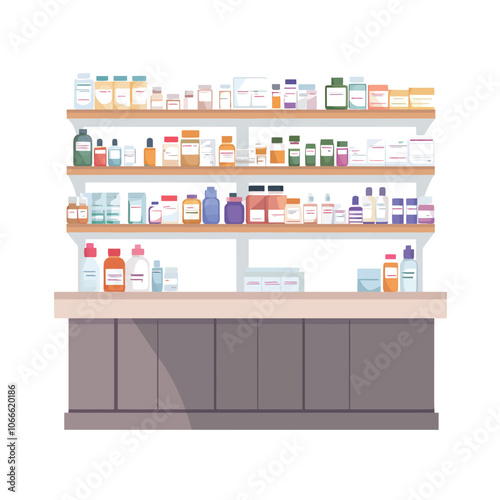 Pharmacy drugstore interior with shelves and shelves. Vector illustration. 