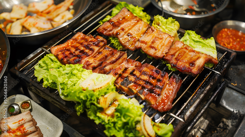 Grilled food, Grilled pork belly slices served with lettuce wraps Grilled food, Grilled pork belly slices served with lettuce wraps